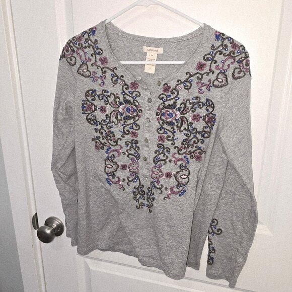 Sundance Gray Embroidered Henley Top Size Medium Floral - Picture 1 of 5
